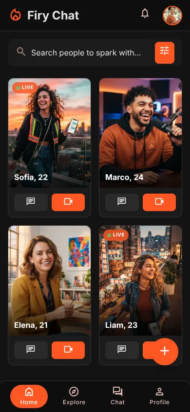 Firy Chat discovery screen showing online profiles